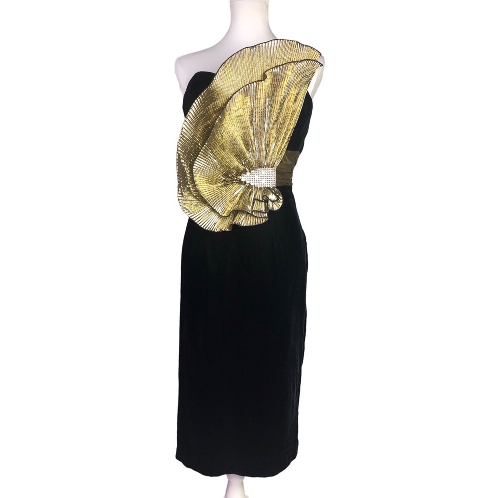 Vintage Art Deco Cocktail Dress M Black Velvet Gold Origami Fan Dave & Johnny - Picture 3 of 8